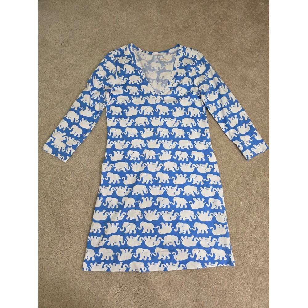 Lilly Pulitzer Blue White Elephant Print Pima Cotton V-Neck Dress Large